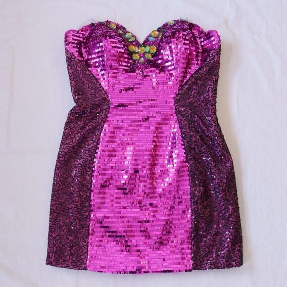 Deadstock 90s Partytime pink sequined strapless mini party dress - Picture 1 of 6